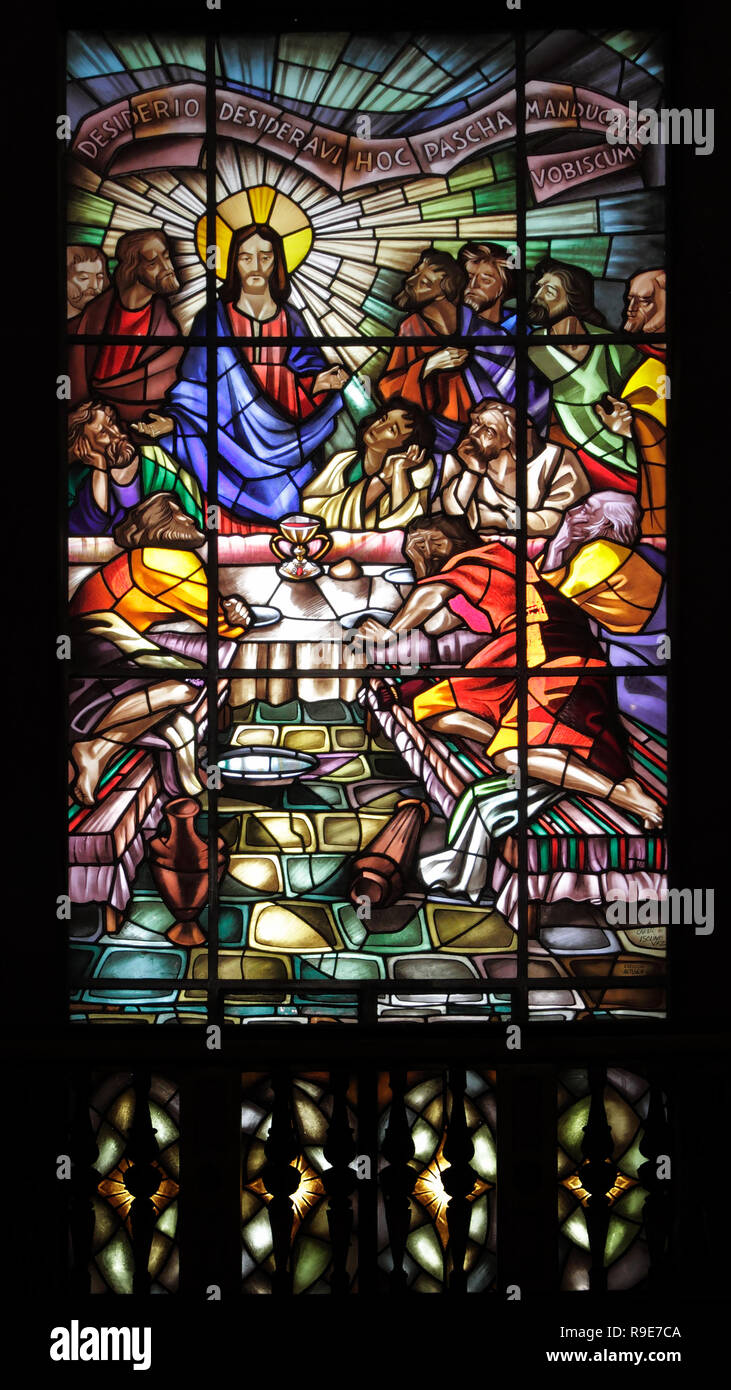 One of the stained glass windows of the Church of Saint Ildefonso in Porto, Portugal, made by the artist Isolino Vaz in 1967. This one represents Je Stock Photo
