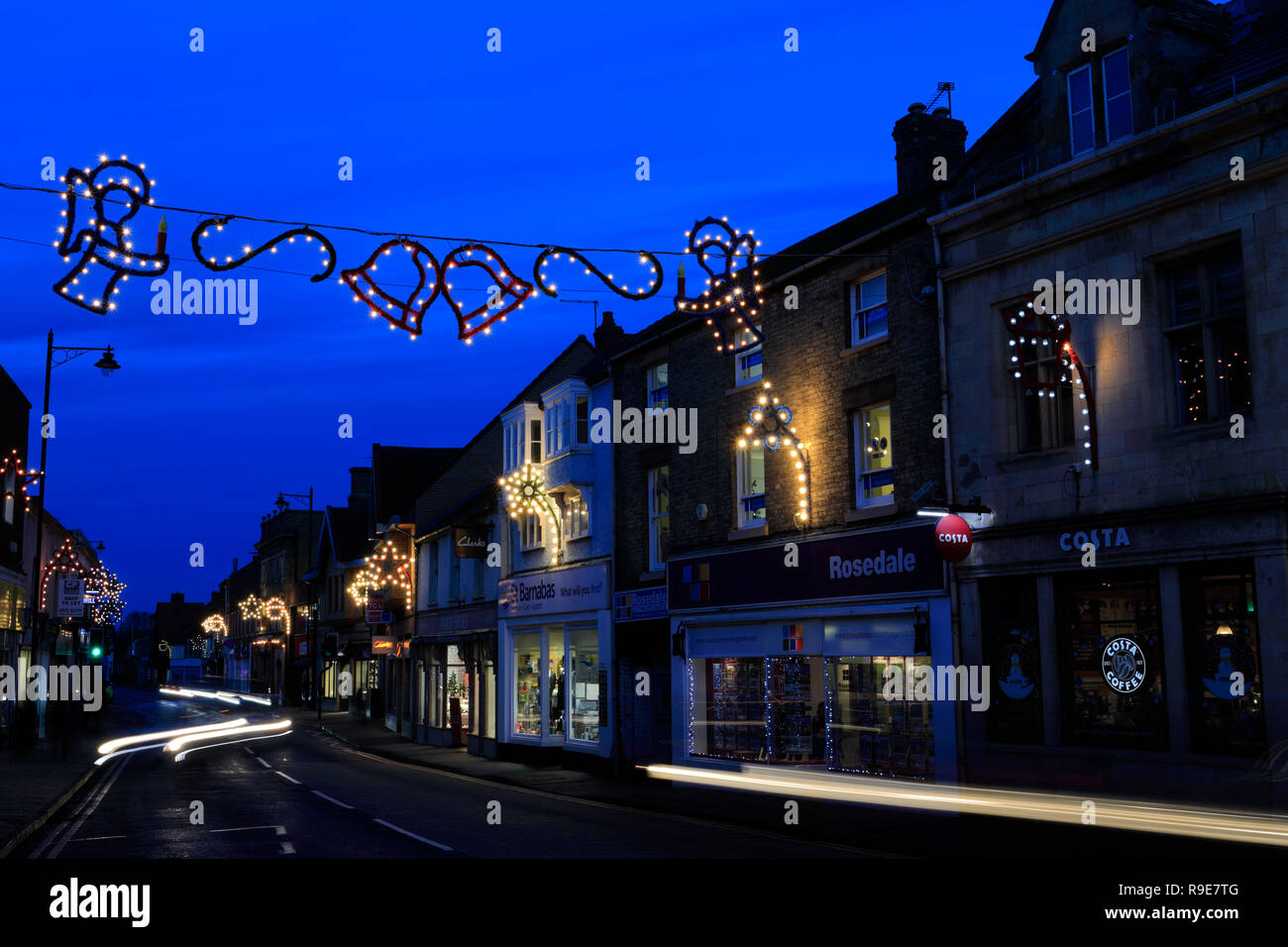 Christmas lights in Bourne Town centre, Lincolnshire; England; UK Stock