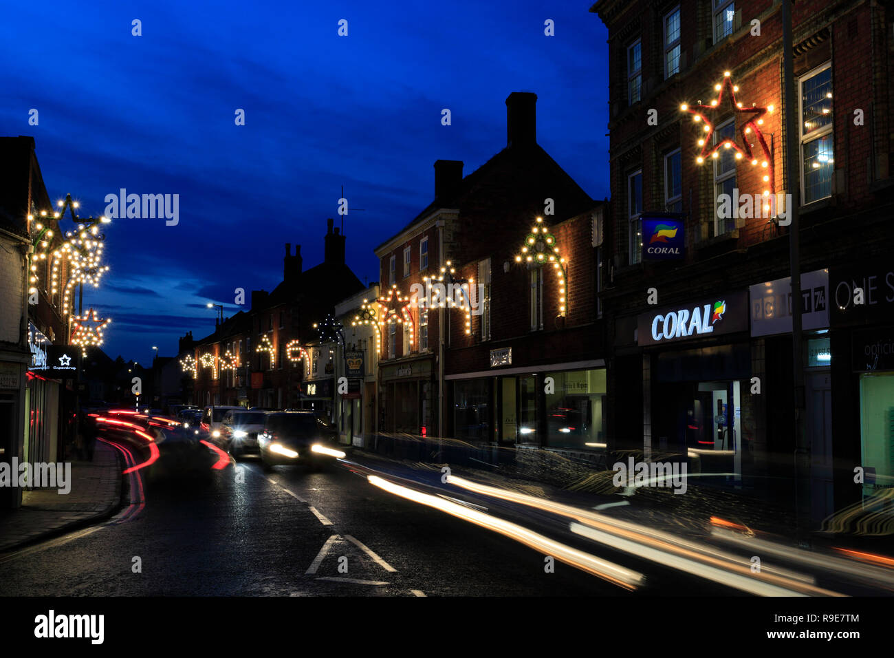 Christmas lights in Bourne Town centre, Lincolnshire; England; UK Stock