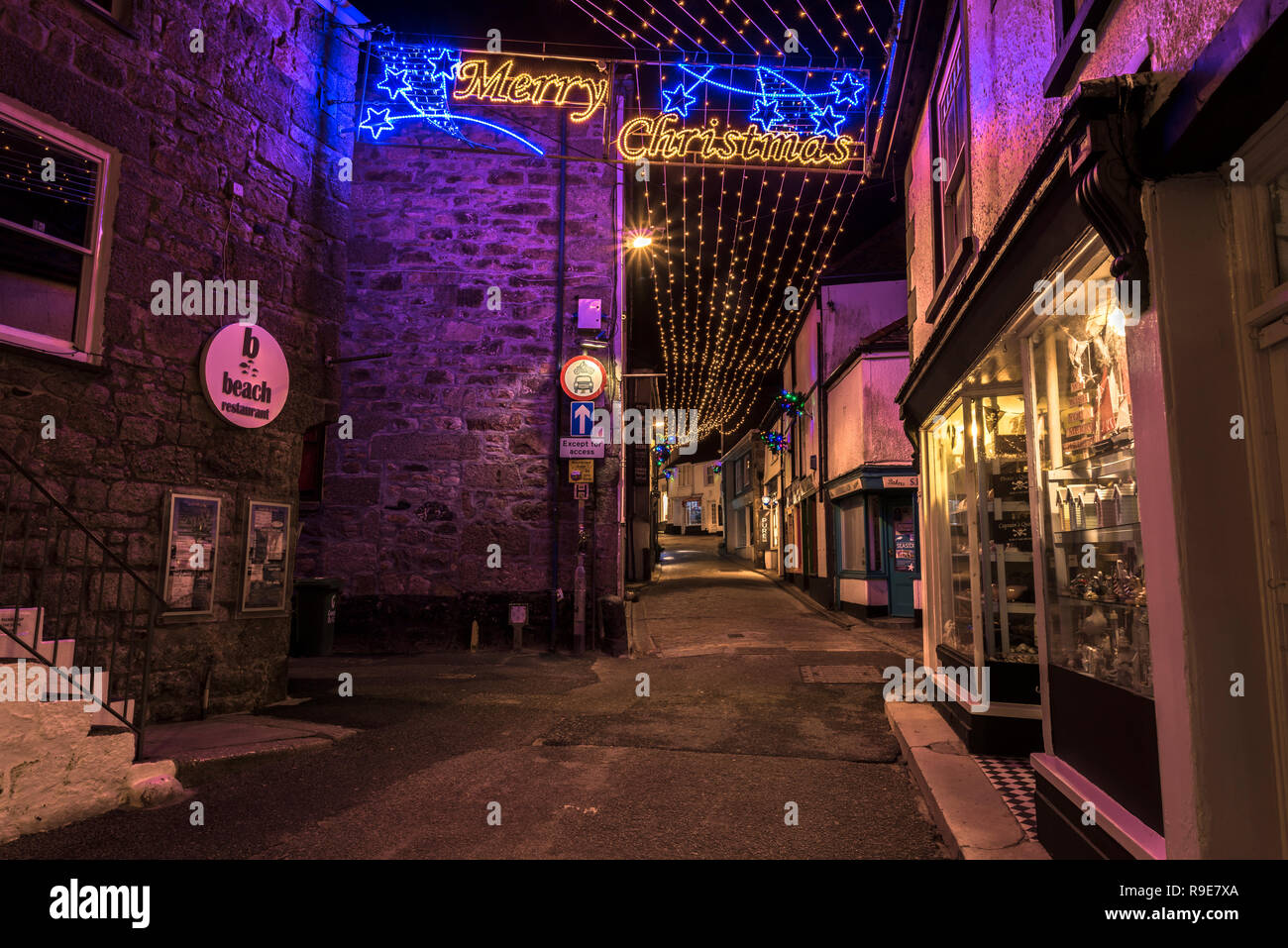 Christmas lights Fore street St.ives Cornwall UK 1 Stock Photo