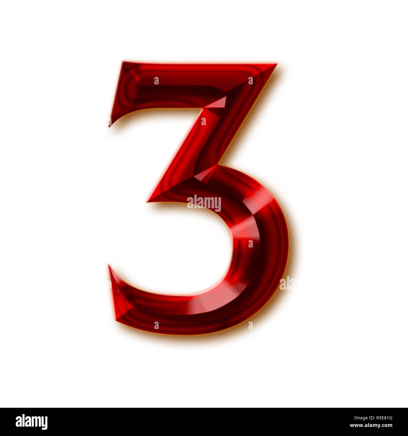 Number 3 from stylish faceted ruby alphabet, shiny gemstone letters, numbers and punctuation marks Stock Photo