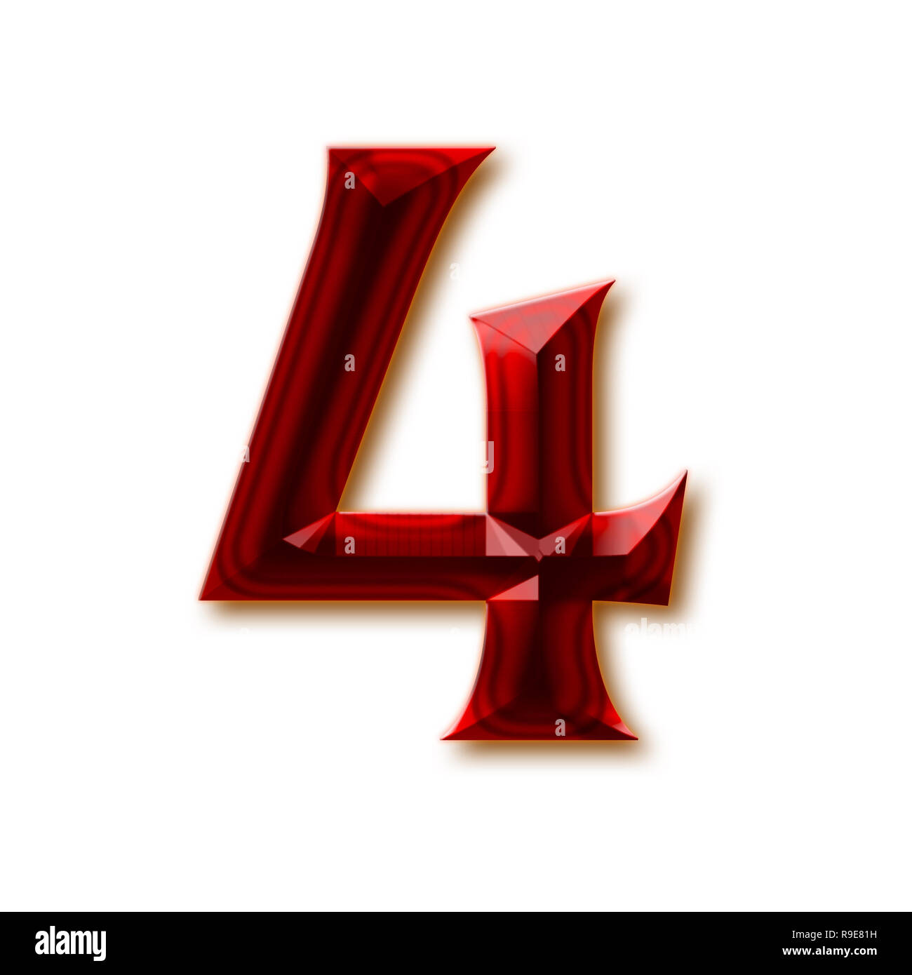 Number 4 from stylish faceted ruby alphabet, shiny gemstone letters, numbers and punctuation marks Stock Photo
