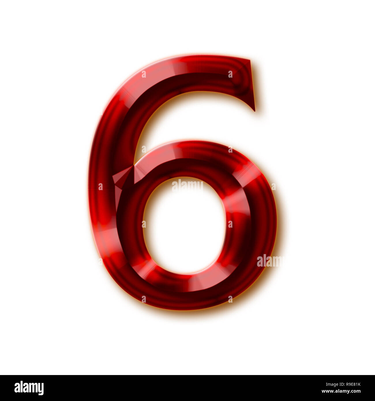 Number 6 from stylish faceted ruby alphabet, shiny gemstone letters, numbers and punctuation marks Stock Photo