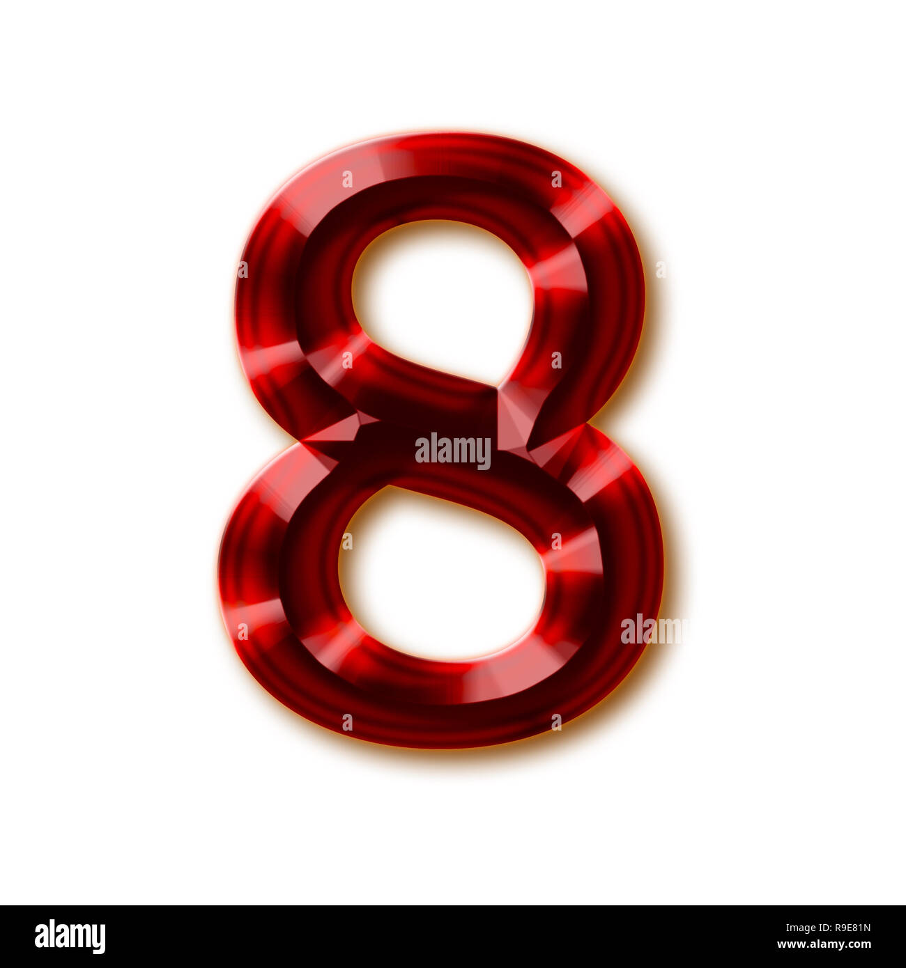 Number 8 from stylish faceted ruby alphabet, shiny gemstone letters, numbers and punctuation marks Stock Photo