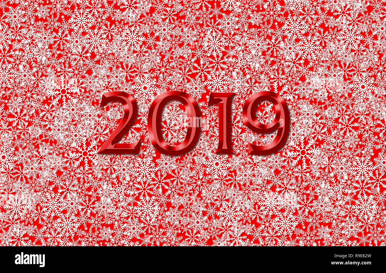 Christmas and New Year 2019 greeting card template or festive poster with snowflakes background Stock Photo