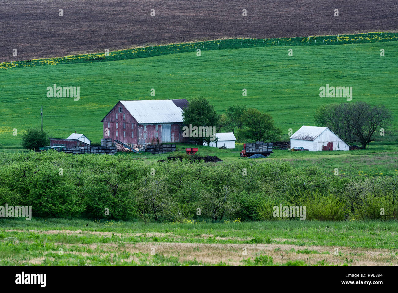 Fertile farm fields and farm buildings, Gettysburg, Pennsylvania, USA. Stock Photo