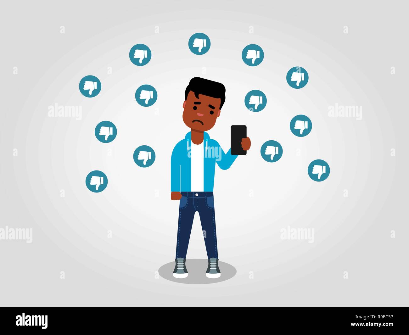 A sad young African American looking at his mobile phone, surrounded by the thumbs down signs. Dislikes on the internet. Hate speech concept.Vector Stock Vector