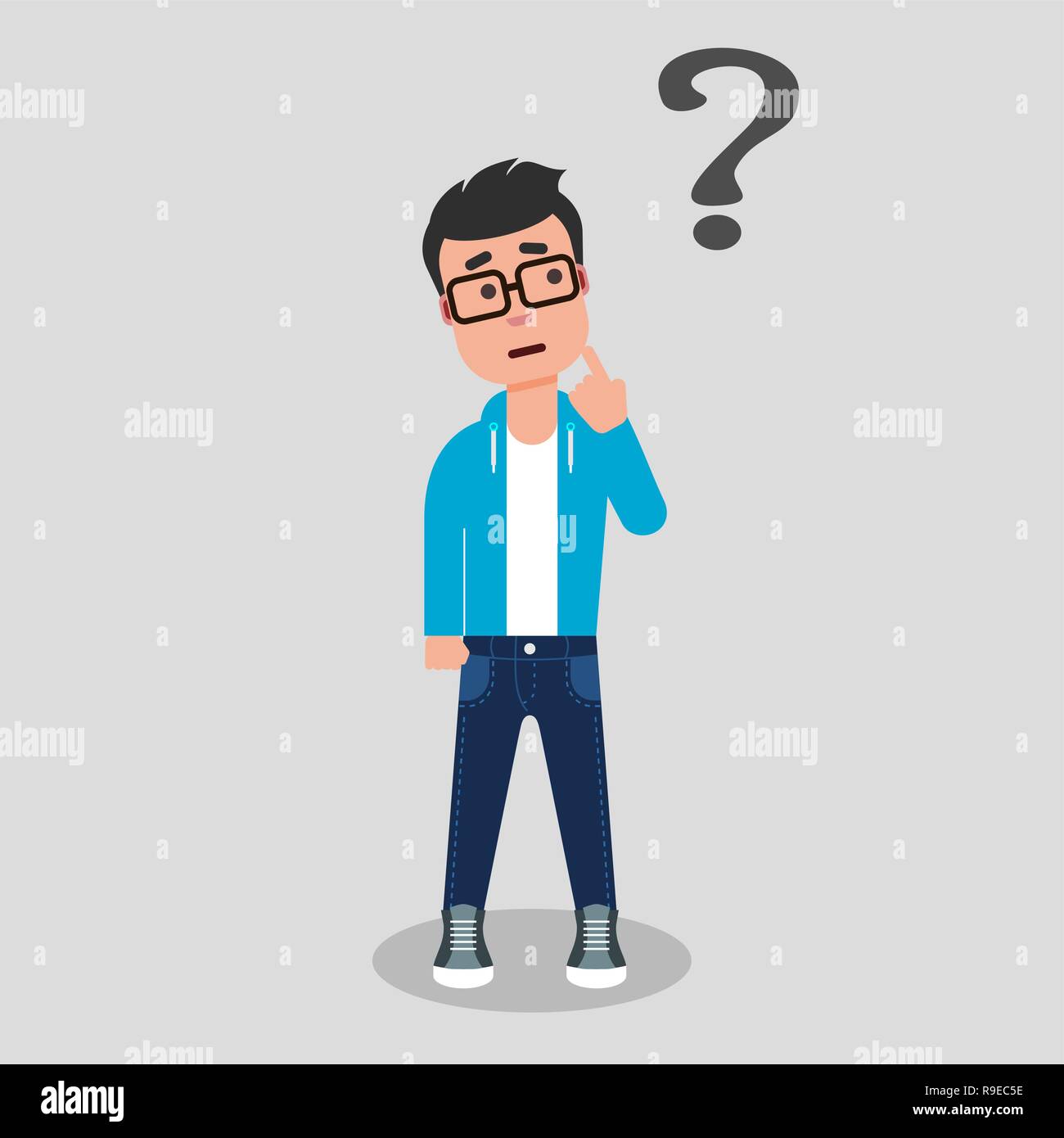 Young man standing below the question mark with finger on his chin. Thinking, making choice, contemplation. Dilemma concept. Stock vector illustration Stock Vector