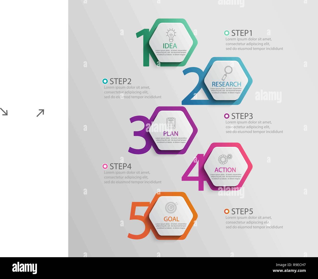 Paper vertical infographic template with 5 hexagon options for presentation and data visualization.Business process chart.Diagram with five steps to success.For content,flowchart,workflow.Vector Stock Vector