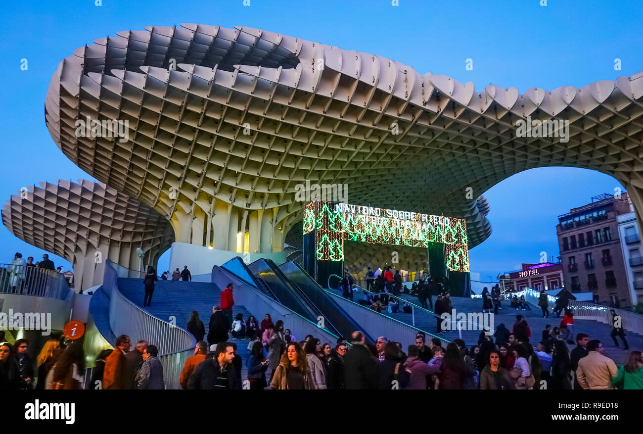 The Metropol Parasol at Christmas time with colorful signs at night Stock Photo