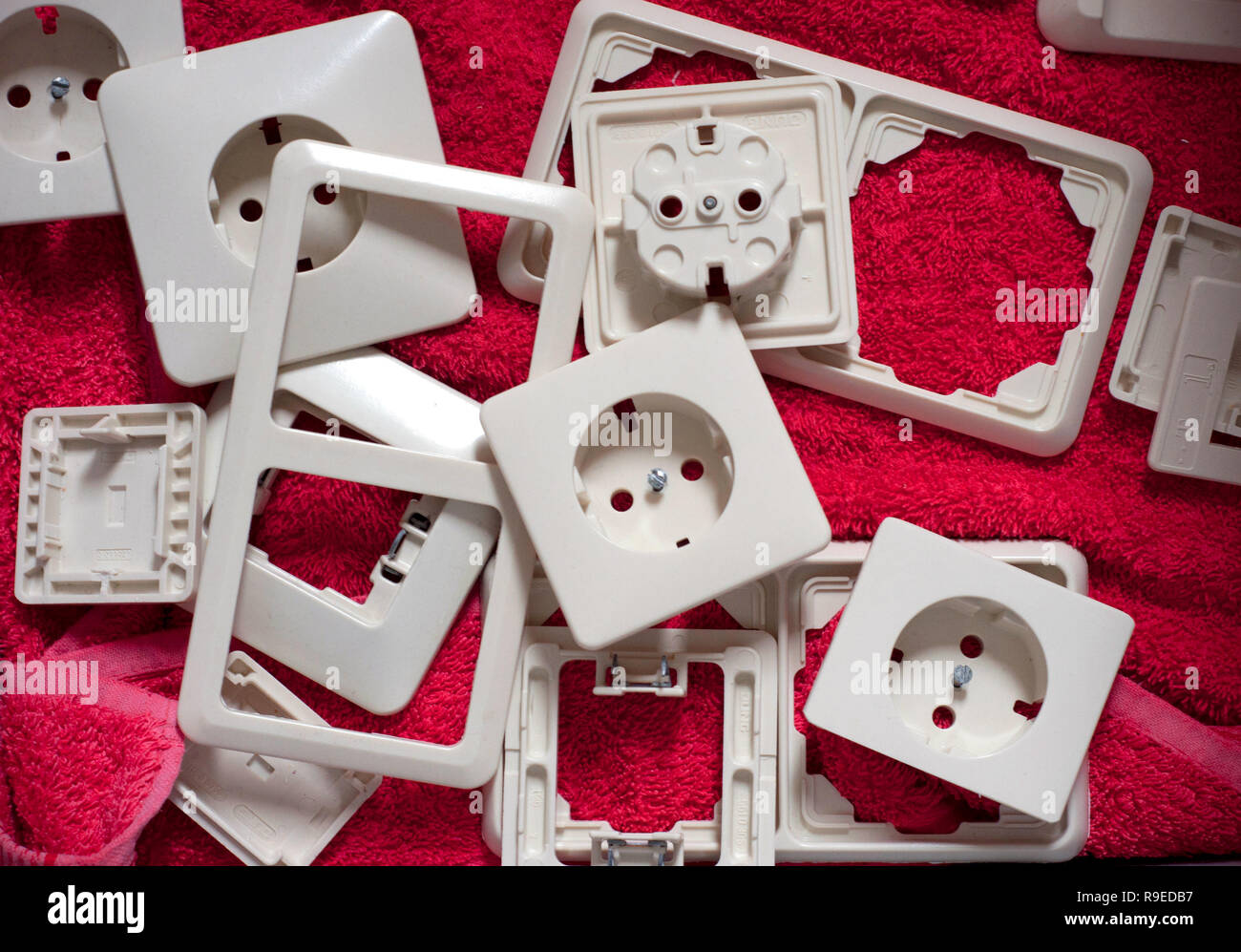 Group of old electrical outlet. White plastic electrical outlet after