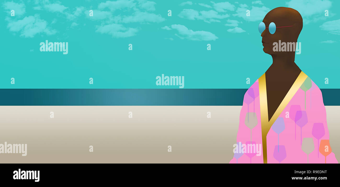 Outlandish beach attire is the subject of this illustration of a man in an all to colorful beach robe. It is an illustration. Stock Photo