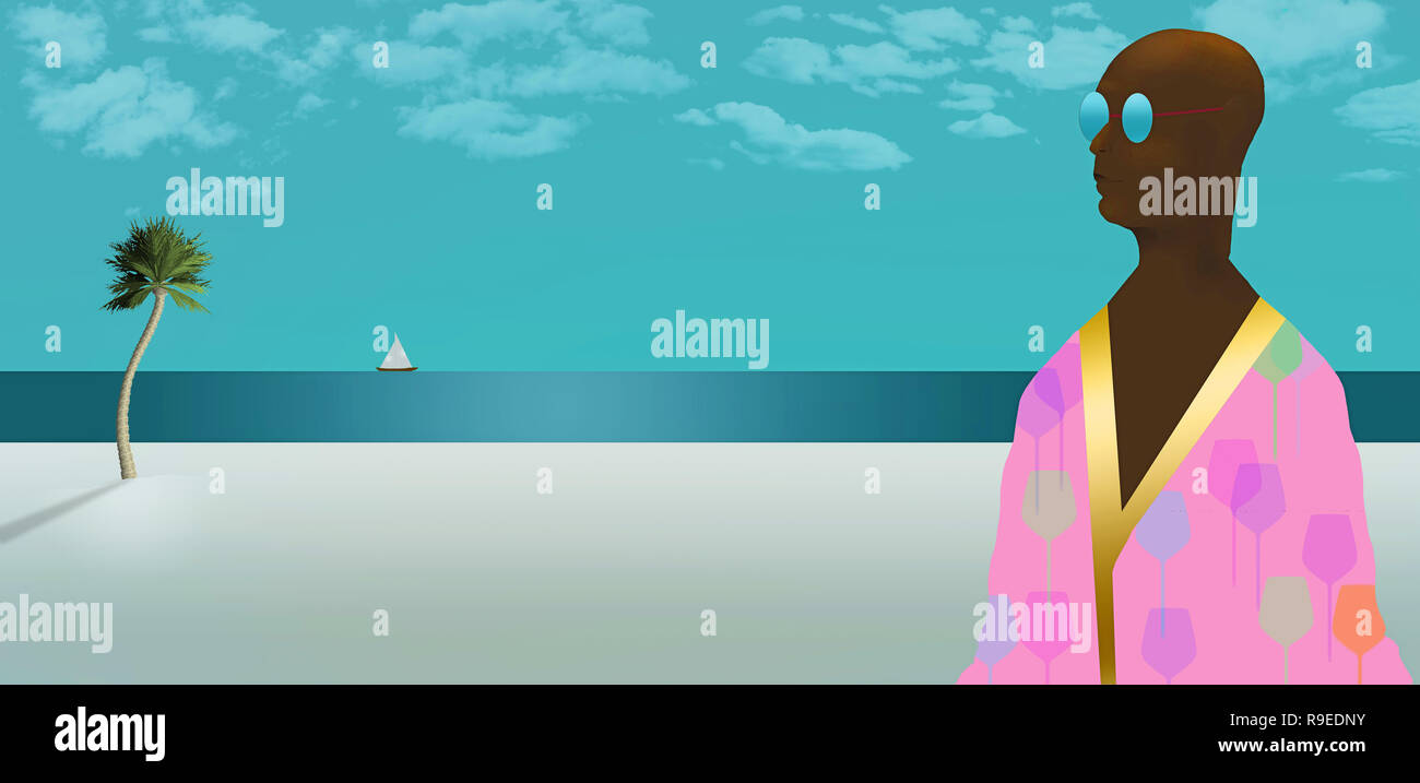 Outlandish beach attire is the subject of this illustration of a man in an all to colorful beach robe. It is an illustration. Stock Photo