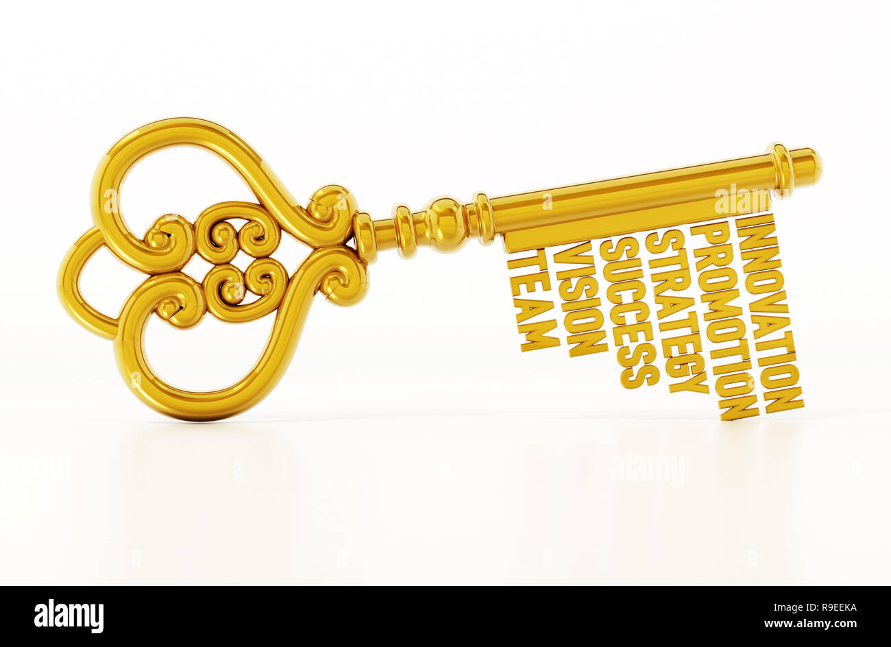 Vintage gold key with business and success related words. 3D ...