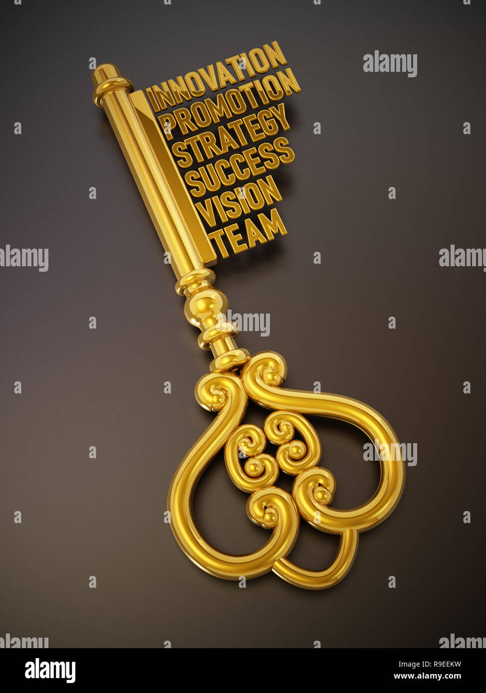 Vintage gold key with business and success related words. 3D ...