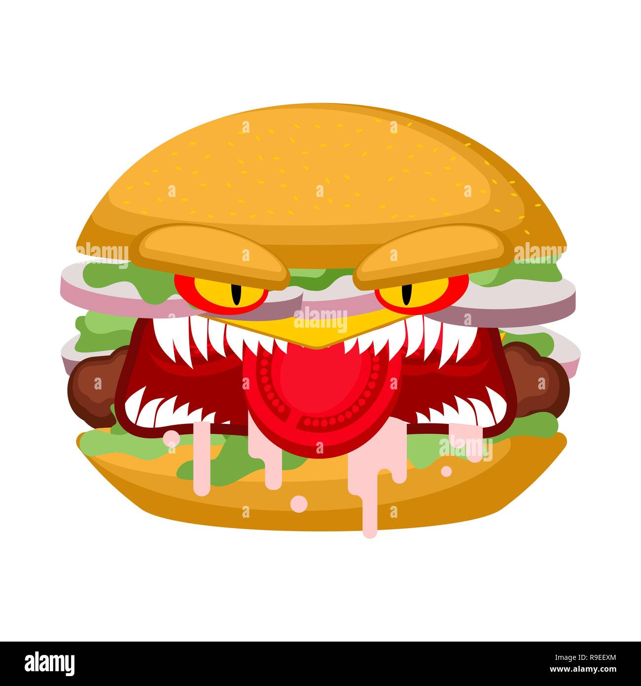 Angry burger. grumpy evil hamburger. Dangerous mad fast food. crazy fastfood with teeth.    Stock Vector