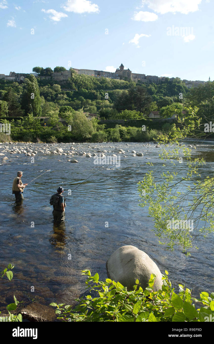 Aubenas (south-eastern France): Fly Fishermen in the Ardeche river. Stock Photo