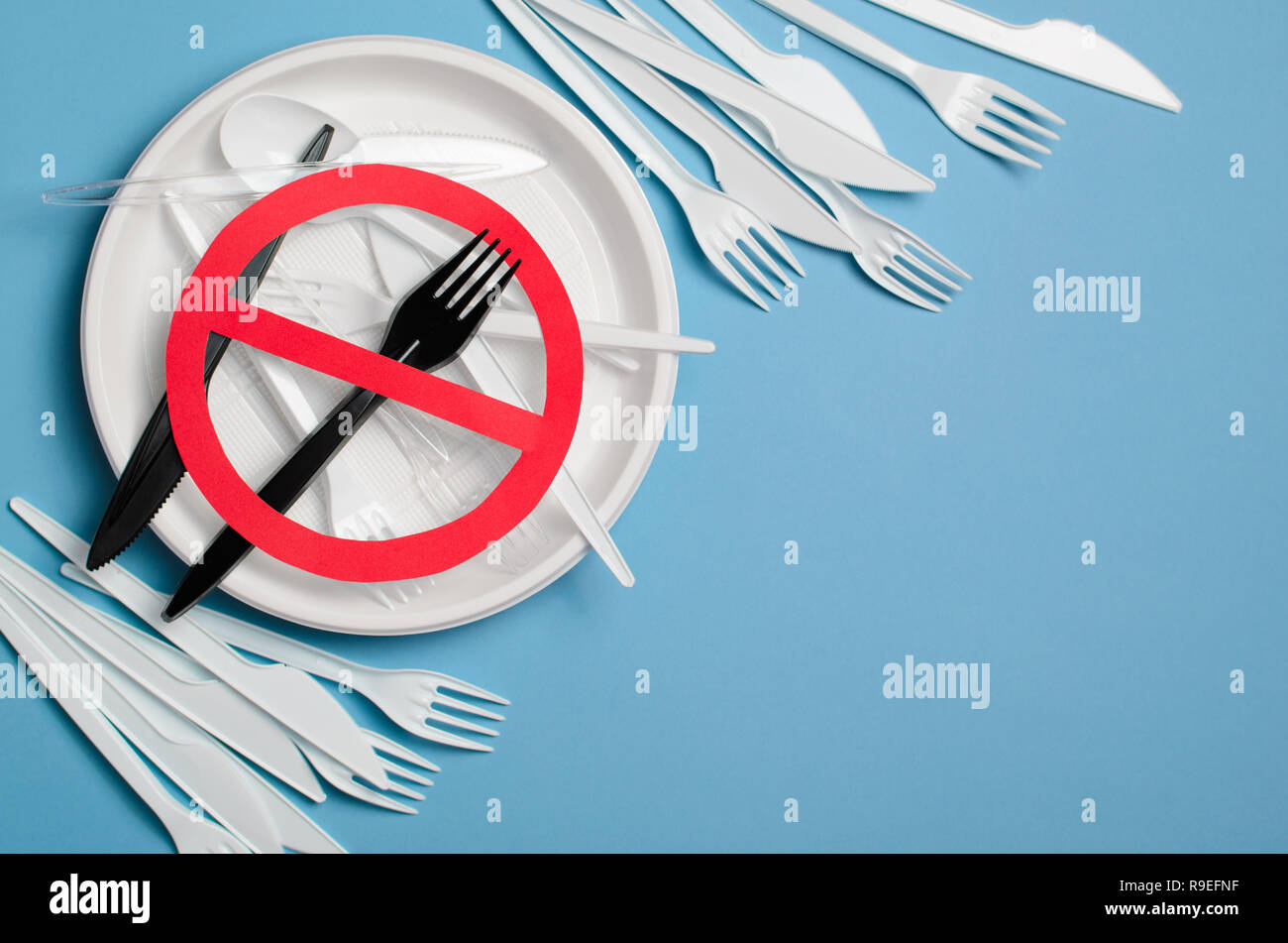 Say No to Plastic Cutlery, Plastic Pollution and Environmental Protection Concept, Top View