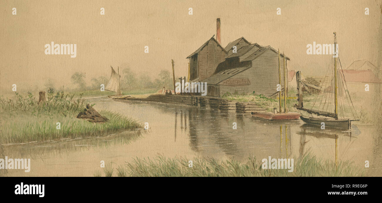 Antique c1890 painting of a wooden structure on the river, with boats. Origin of image: probably by a California artist. SOURCE: ORIGINAL PAINTING Stock Photo
