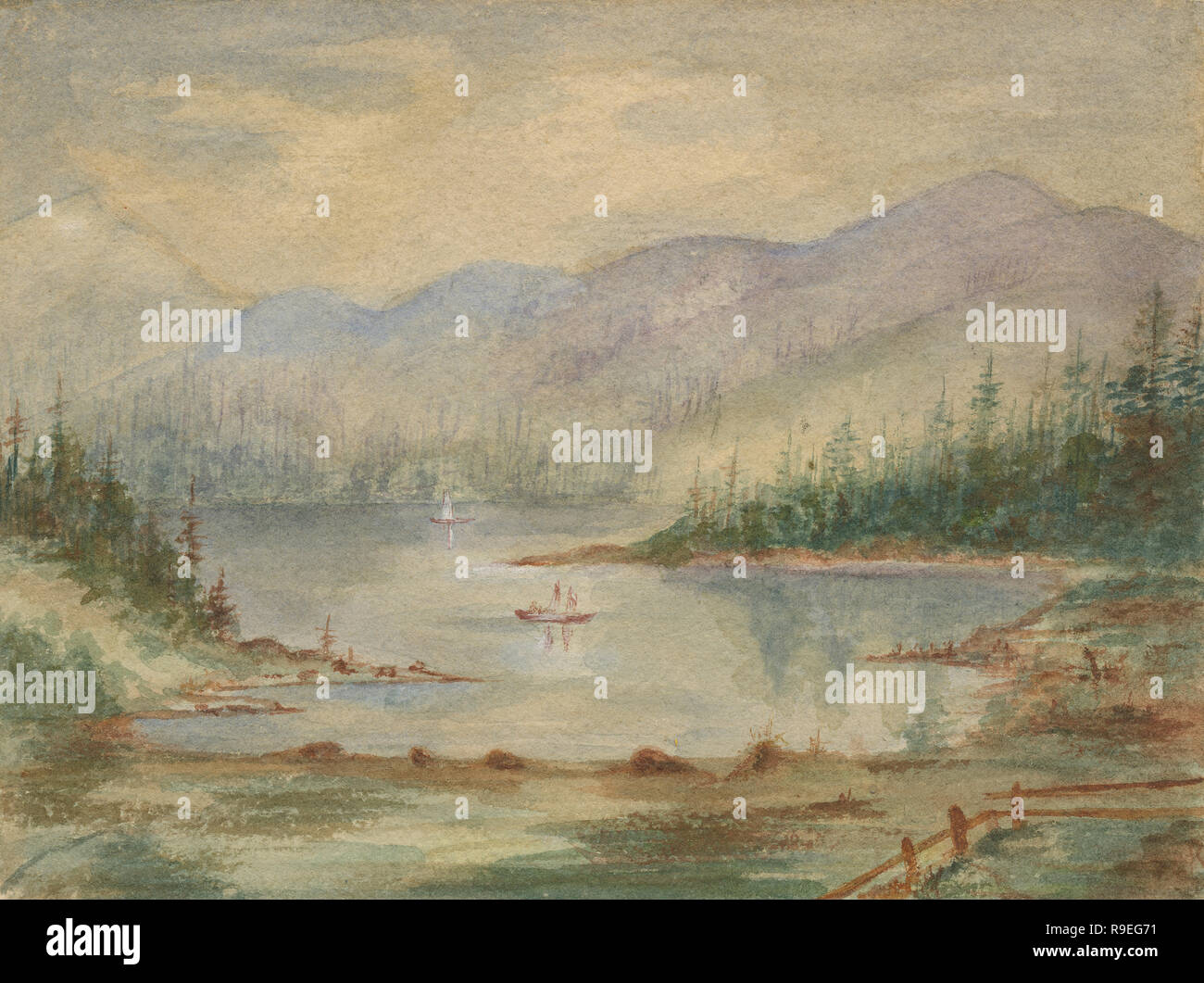 Antique c1890 painting of a mountain lake landscape with boats. SOURCE: ORIGINAL PAINTING Stock Photo