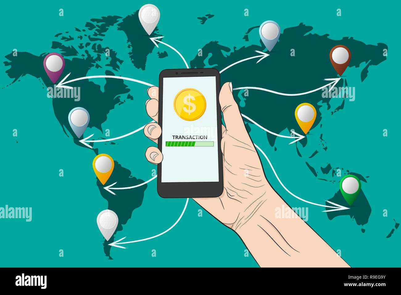 Sending money with a smartphone. Vector illustration. Sending money, conceptual banner. Stock Vector
