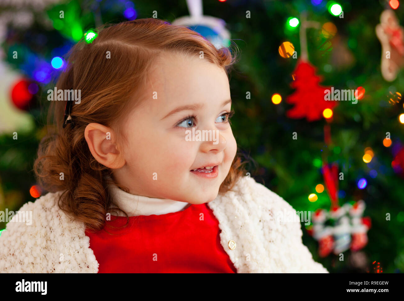 Portrait of a beautiful little child with red dress near Christmas tree. Stock Photo