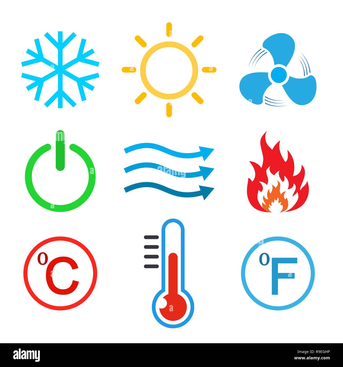 Set of conditioning icons. Vector illustration. Hot, cold, air, power and temperature Stock Vector