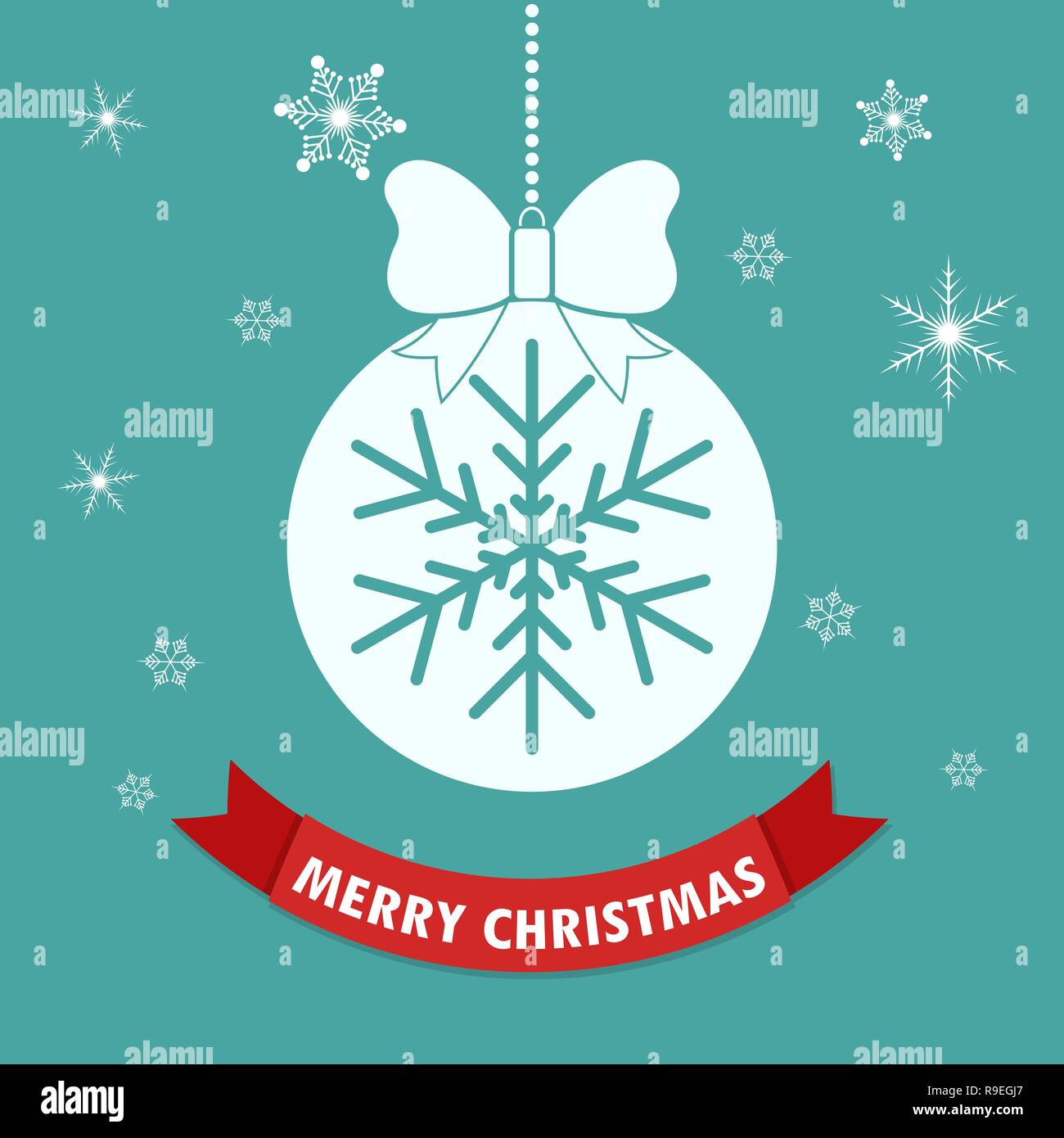 Christmas greeting card with abstract Christmas ball. Vector illustration. Hanging Christmas ball with snowflakes and red ribbon Stock Vector