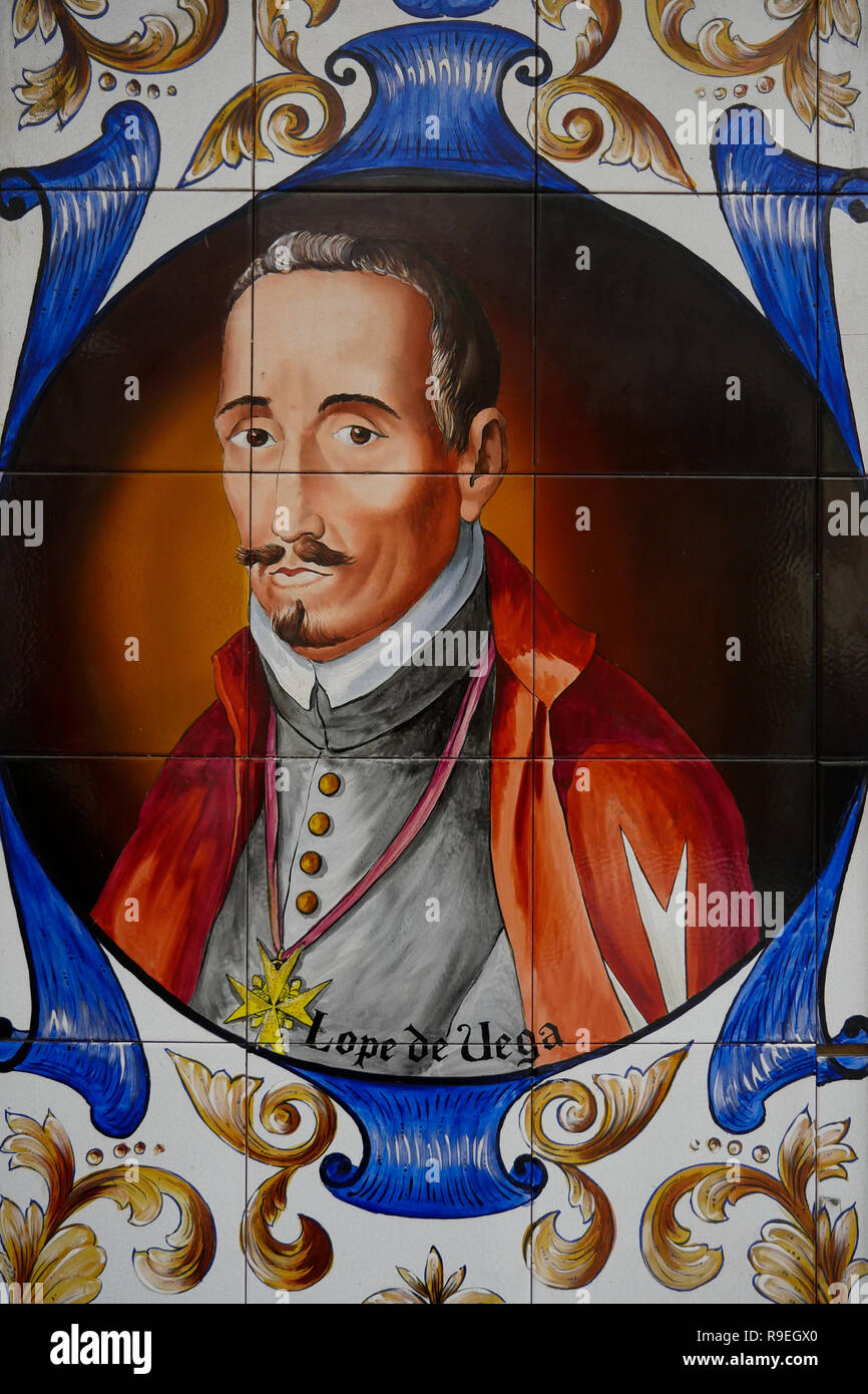 Lope de Vega Portrait, enameled plates on a restaurant facade, Madrid, Spain Stock Photo
