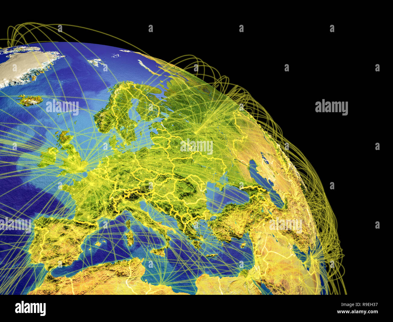 Europe from space with country borders and trajectories representing global communication, travel, connections. 3D illustration. Elements of this imag Stock Photo