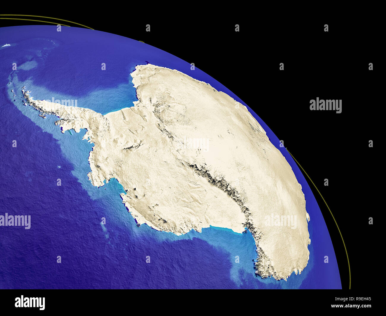 Antarctica from space with country borders and trajectories representing global communication, travel, connections. 3D illustration. Elements of this  Stock Photo