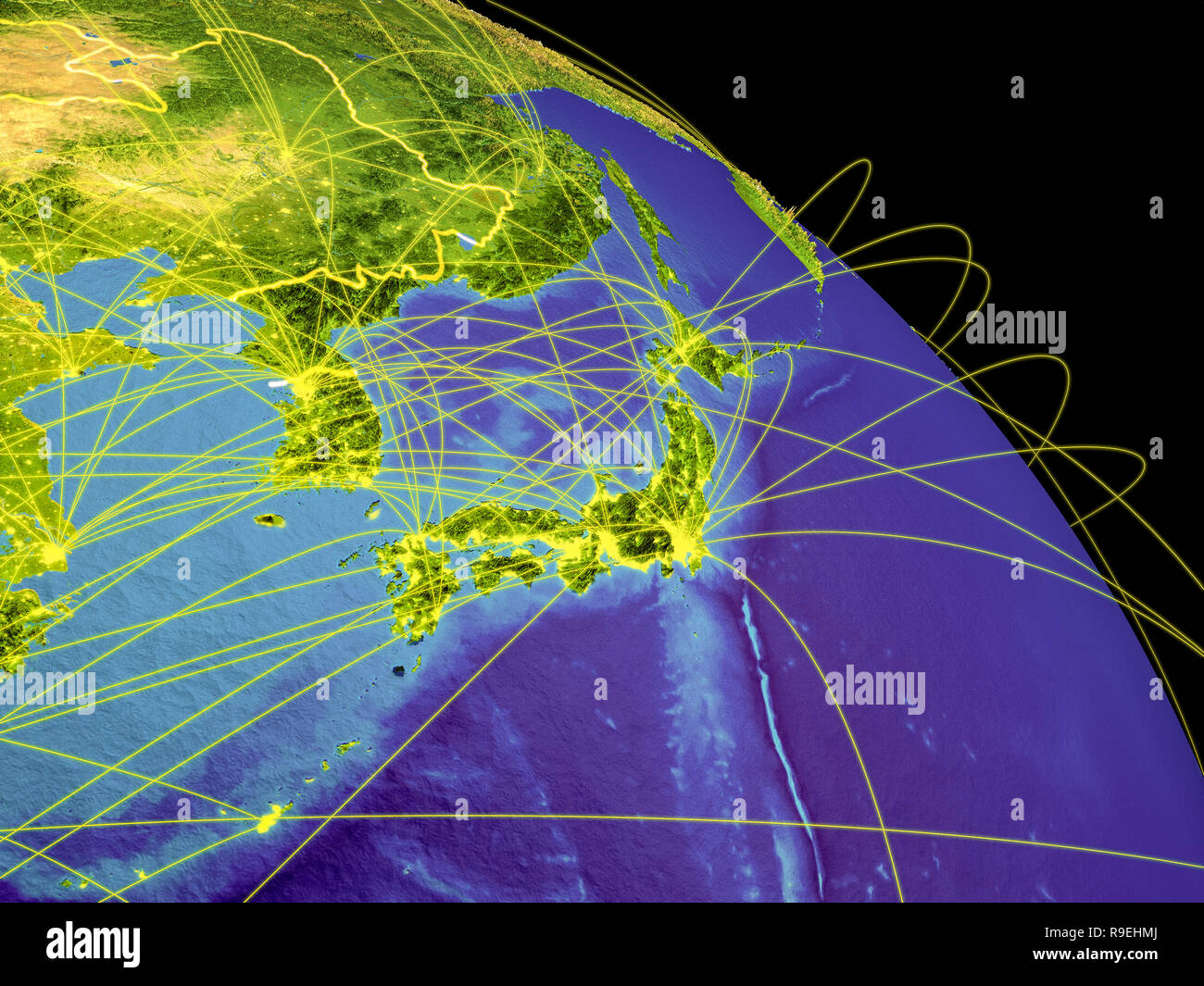 Japan and Korea from space with country borders and trajectories ...