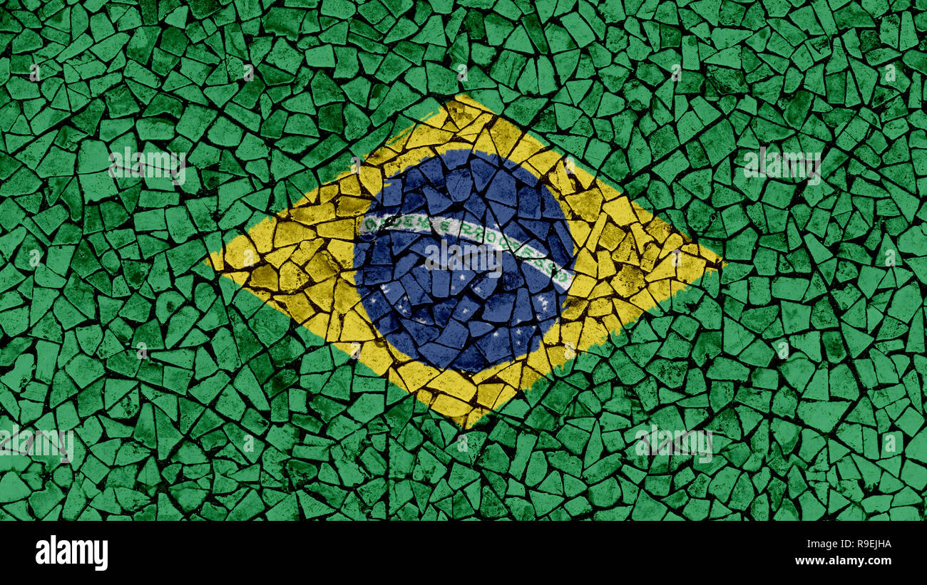 Mosaic Tiles Painting of Brazil Flag, Background Texture Stock Photo