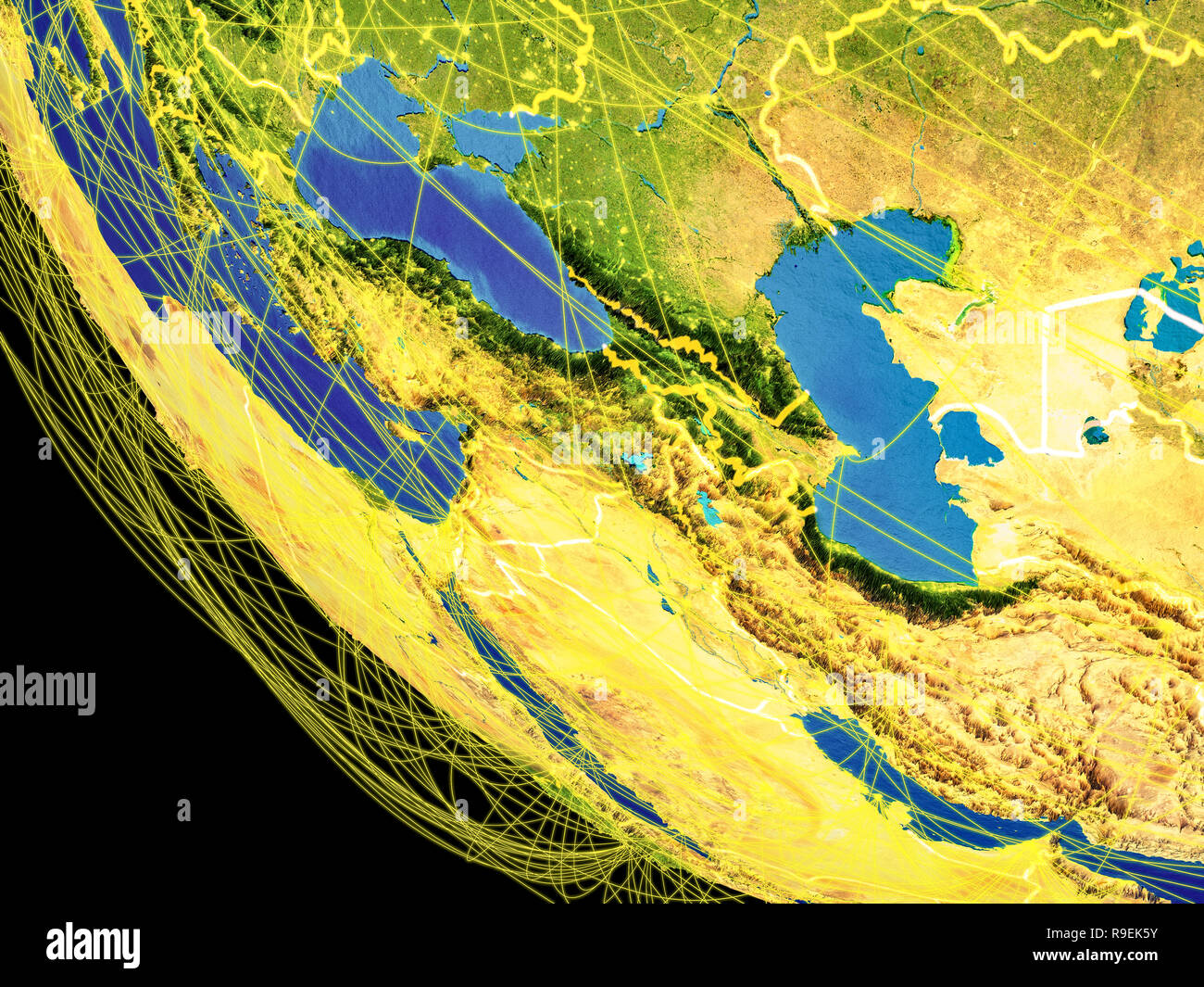 Caucasus region from space with visible country borders and global connections representing communication or air travel. 3D illustration. Elements of  Stock Photo