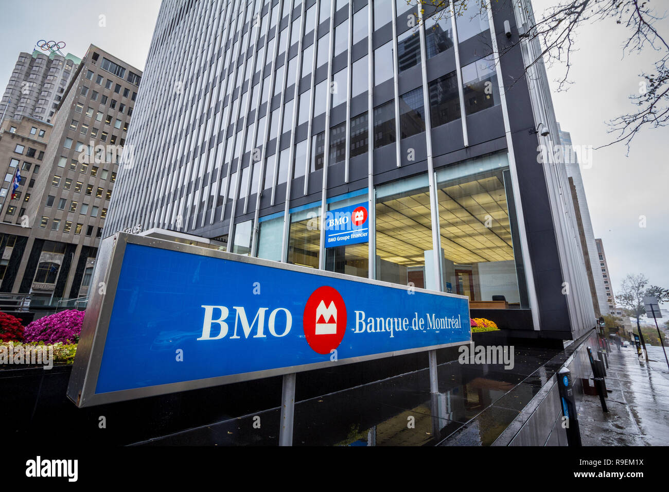 MONTREAL, CANADA - NOVEMBER 3, 2018: Bank of Montreal logo, known as BMO, in front of their main office. Called as well banque de Montreal, it is one  Stock Photo