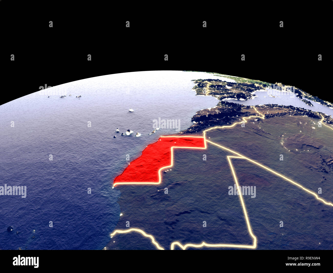 Western Sahara from space on planet Earth at night with bright city ...