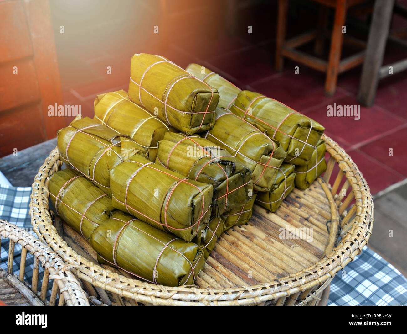 fermented pork sausage with banana leaves wrap steamed pork sausage on