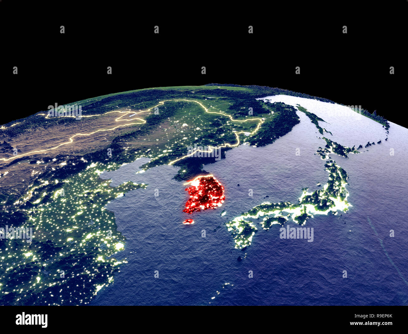 South Korea from space on planet Earth at night with bright city lights ...