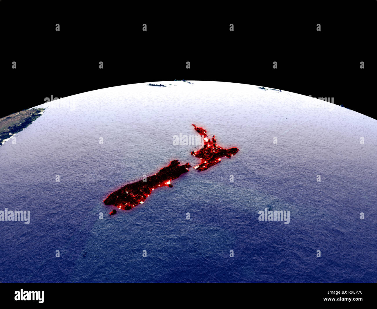 New Zealand from space on Earth at night with bright city lights