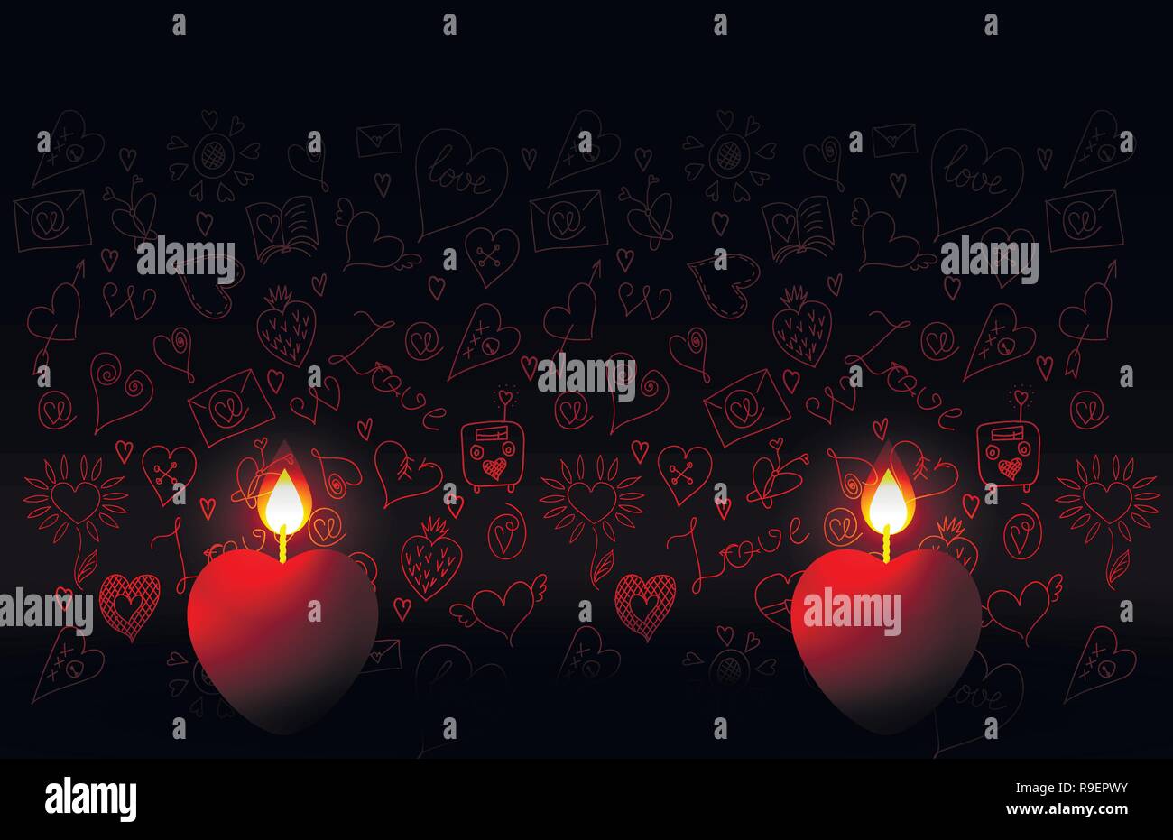 Two Heart Shape Candles on Red Background, Vectors