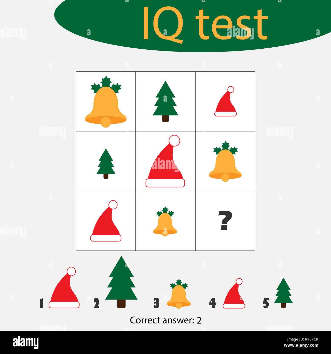 Choose correct answer, IQ test with christmas picturees for children, xmas fun education game for kids, preschool worksheet activity, task for the dev Stock Vector