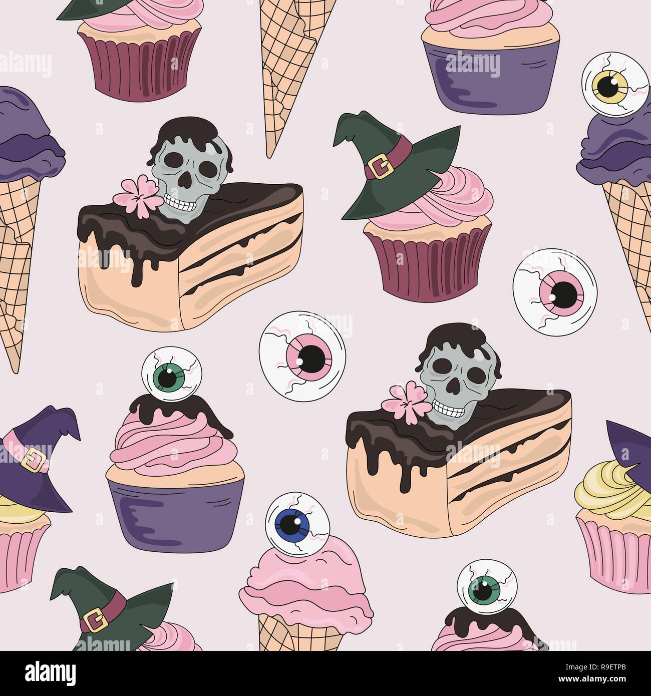 Halloween Seamless Pattern Death Sweets Color Vector Illustration