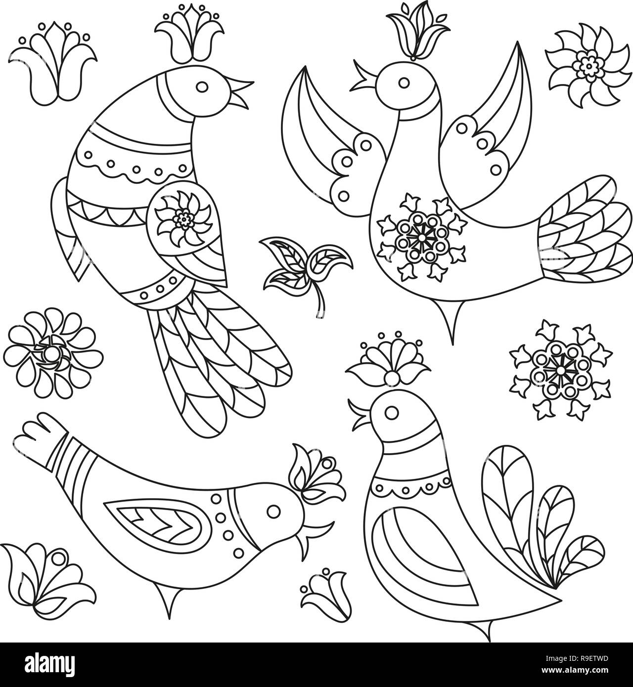 FOLK BIRD Decorative Folk Ornament Color Vector Illustration Set for