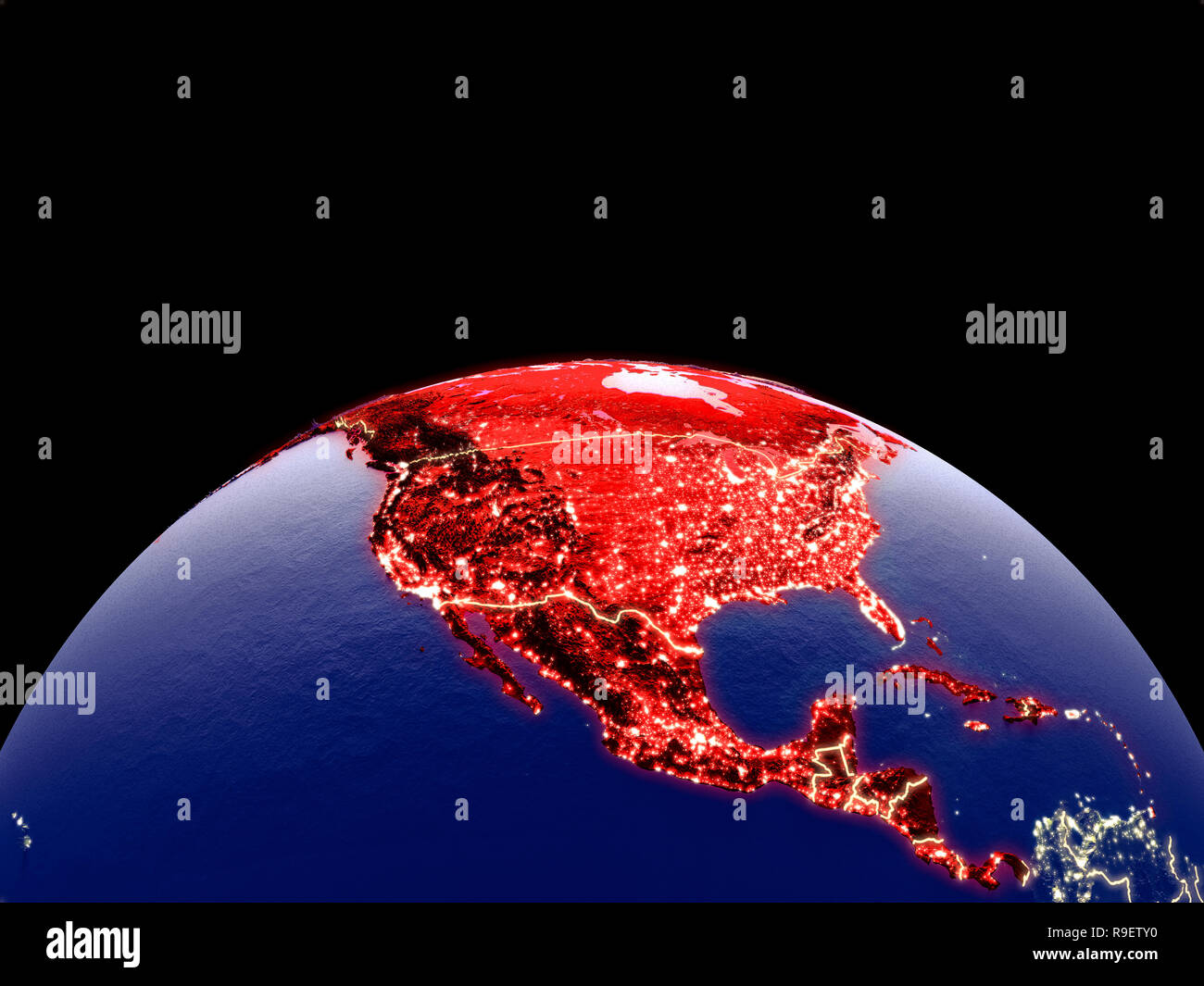 North America from space on planet Earth at night with bright city ...