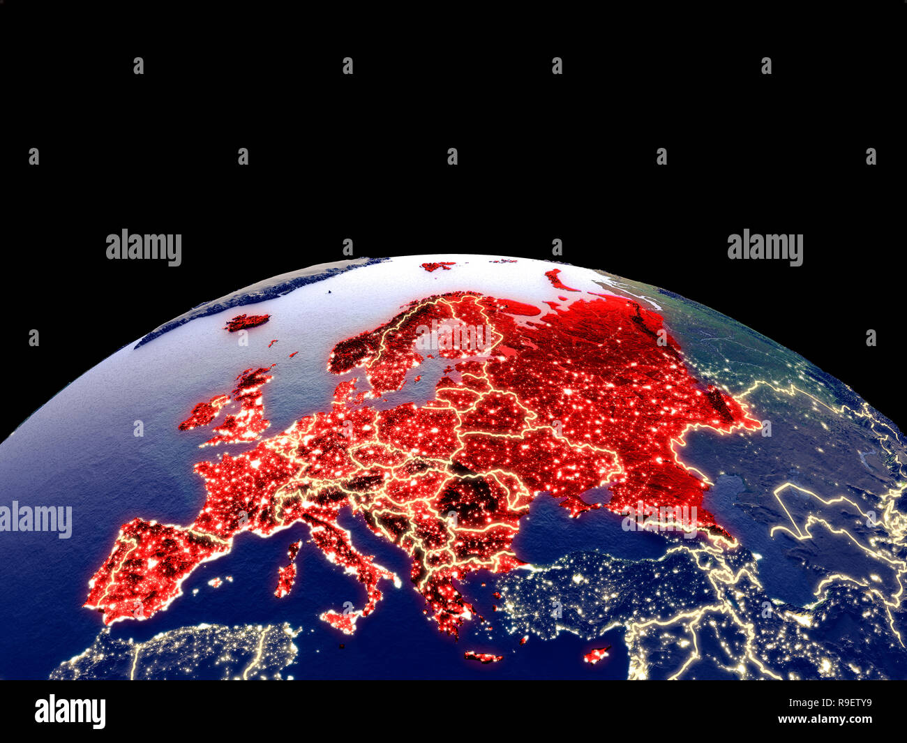 Europe from space on planet Earth at night with bright city lights. Detailed plastic planet surface with real mountains. 3D illustration. Elements of  Stock Photo