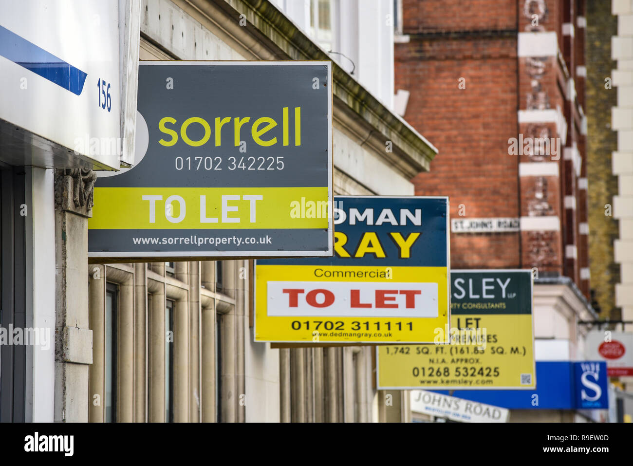 Row of property to let signs in Hamlet Court Road, Westcliff on Sea, Essex, UK. Property market. Sorrell. Southend Stock Photo