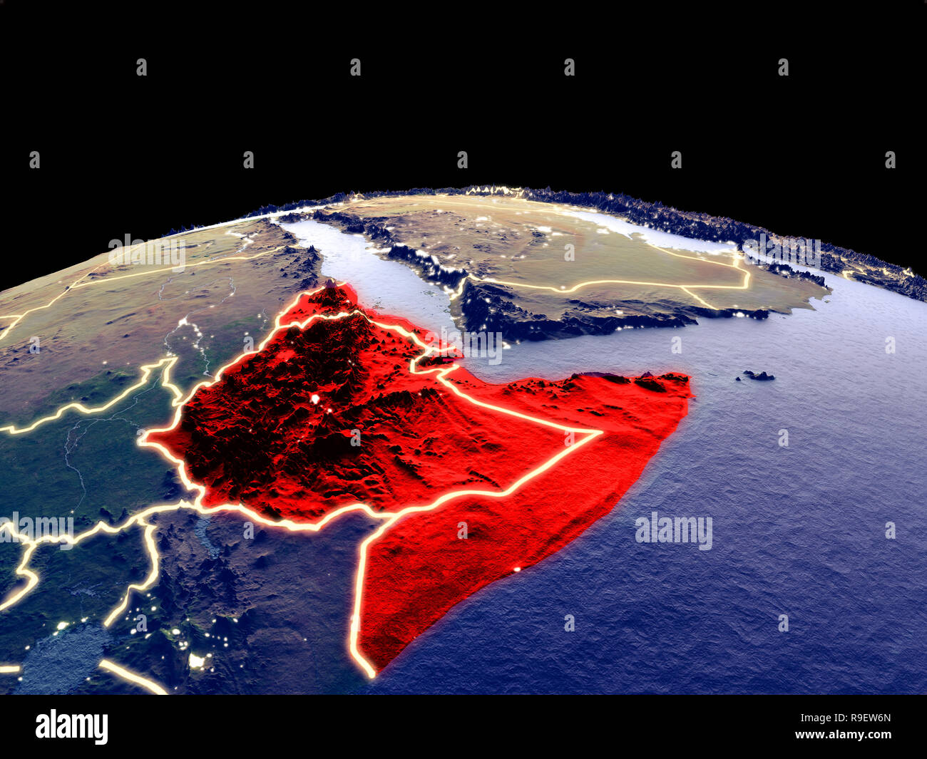 Horn of Africa from space on planet Earth at night with bright city ...
