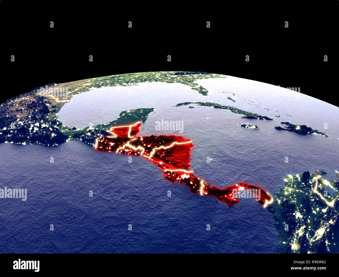 Central America from space on planet Earth at night with bright city ...