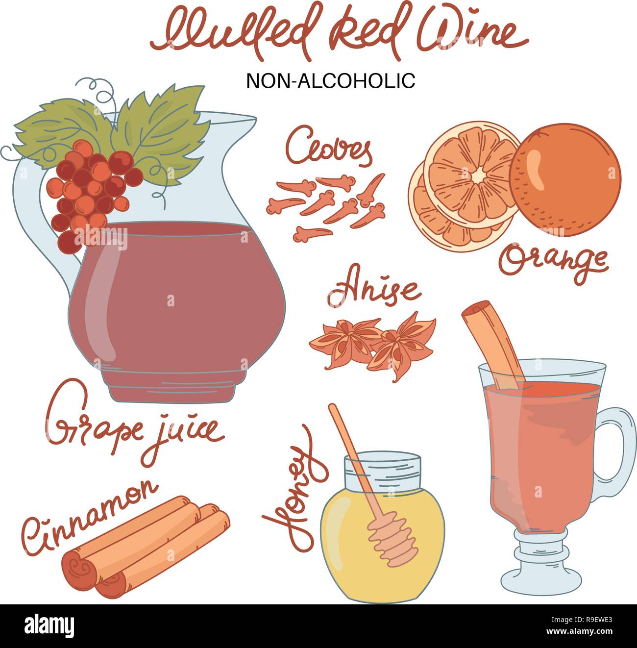 NON ALCO MULLED WINE Merry Christmas Vector Illustration Recipe Set for ...