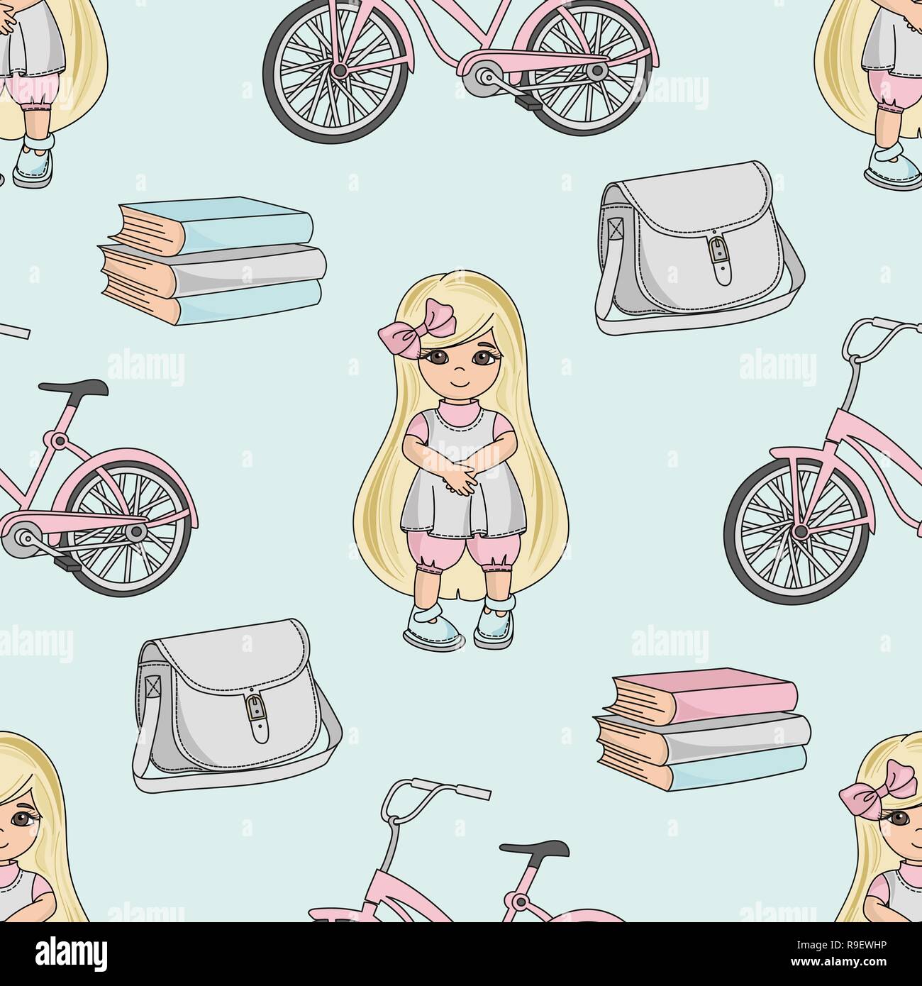 School Seamless Pattern Color Vector Illustration School Girls